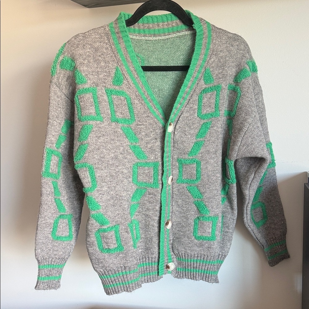 Gray and Green Geometric Pattern Varsity Style Sweater